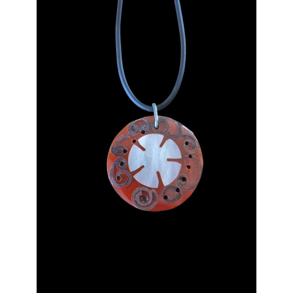 Handmade Coconut Shell Pendant Mother of Pearl Inlay Faux Leather cord